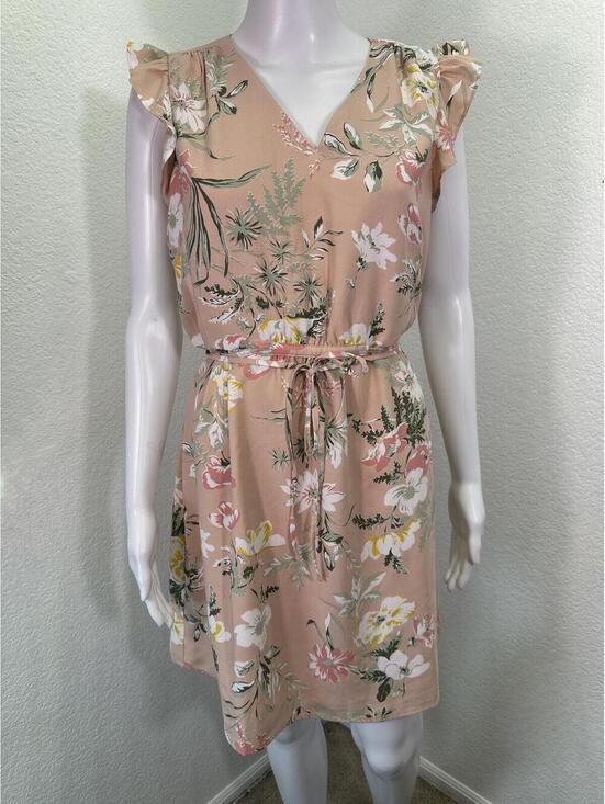 Dresses & Skirts - New Sz M Loft Pink Floral Dress Romantic Flutter Sleeve V-Neck Tie Waist